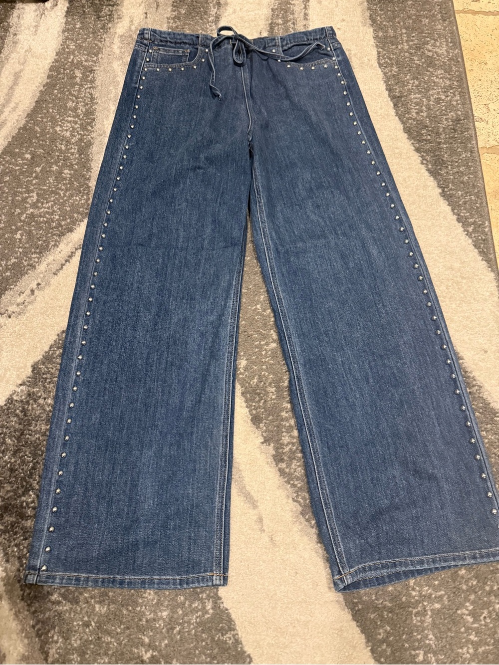Just Black Wide Leg Denim Jeans with Side Stud Trim - Blue
